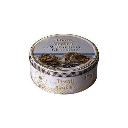 TIVOLI Tej és étcsokoládés kekszek kókusz darabokkal fémdobozban 150gramm