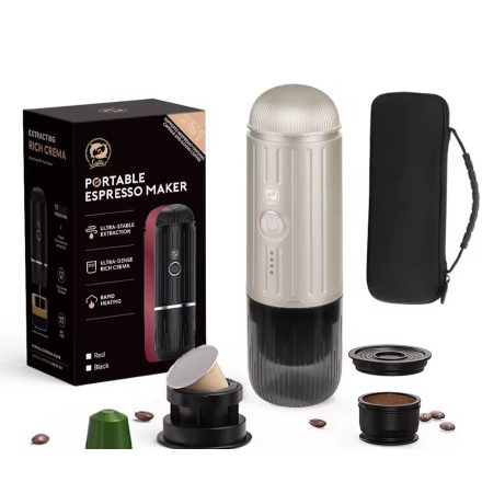 Cestovný kávovar 2v1 na mletú kávu a kapsule nespresso S OHRIEVOM VODY ČERVENÝ